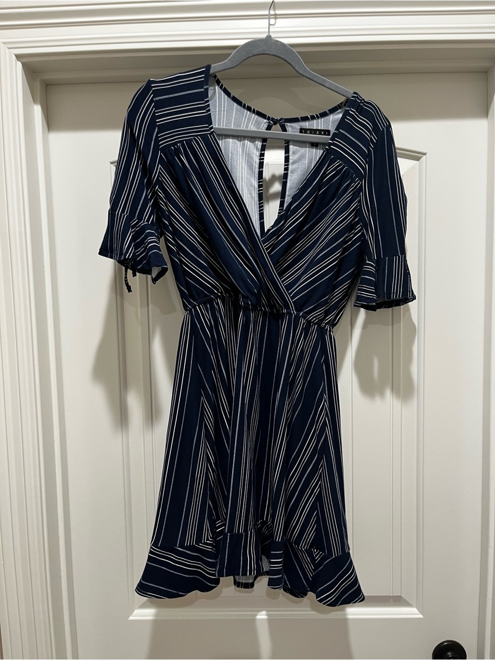 Trixxi Navy and White Striped Mini Wrap Dress